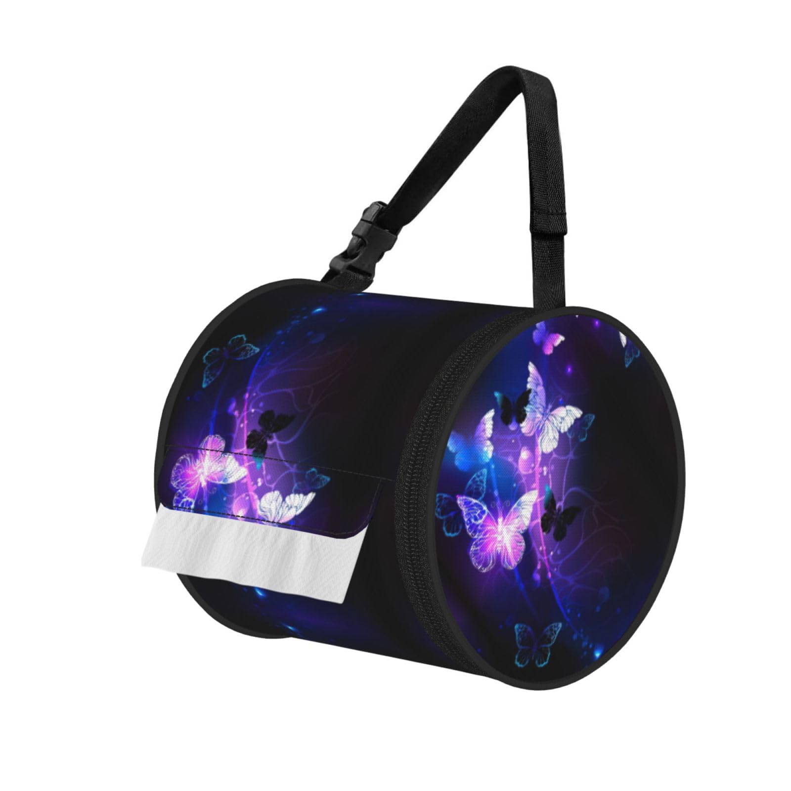 Jiuty Black Background With Night Butterflies Print Cylinder Tissue Organizer Bag With Strap, Portable Toilet Roll Holder For Camping Car