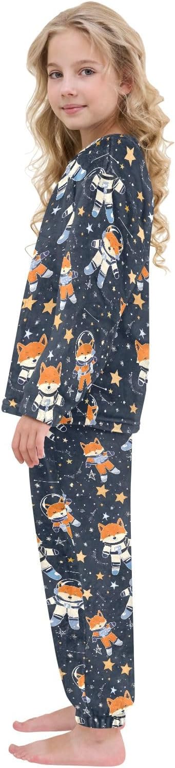 Kids Flannel Sets Astronaut Fox Stars in Space Warm Plush Relaxed Clothing for Boys and Girls