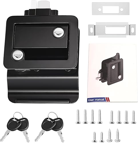 Miniatura 8 de Cerradura de puerta de entrada de remolque de viaje RV con cerrojo de paleta, cerradura de llave, negro, pestillo de puerta 100% metal para cámper