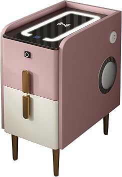 LED Modern Smart Nightstand with Speaker and Fingerprint Lock, Narrow Side Table with Wireless Charging Station and USB Port for Living Room Bedroom Nightstand,Pink,30 * 40 * 49cm