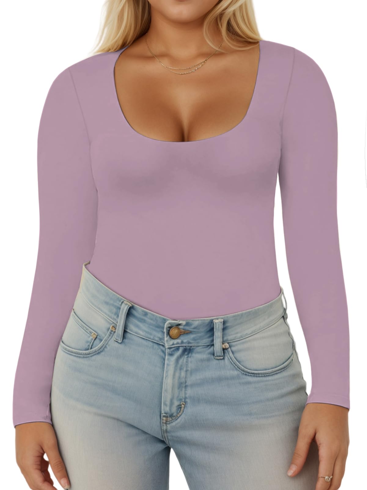VISLILY Womens-Plus-Size-Long-Sleeve-Shirts Scoop Neck Tops Tight Slim Fit Undershirts Lightweight Thermal Basic Tee XL-5XL