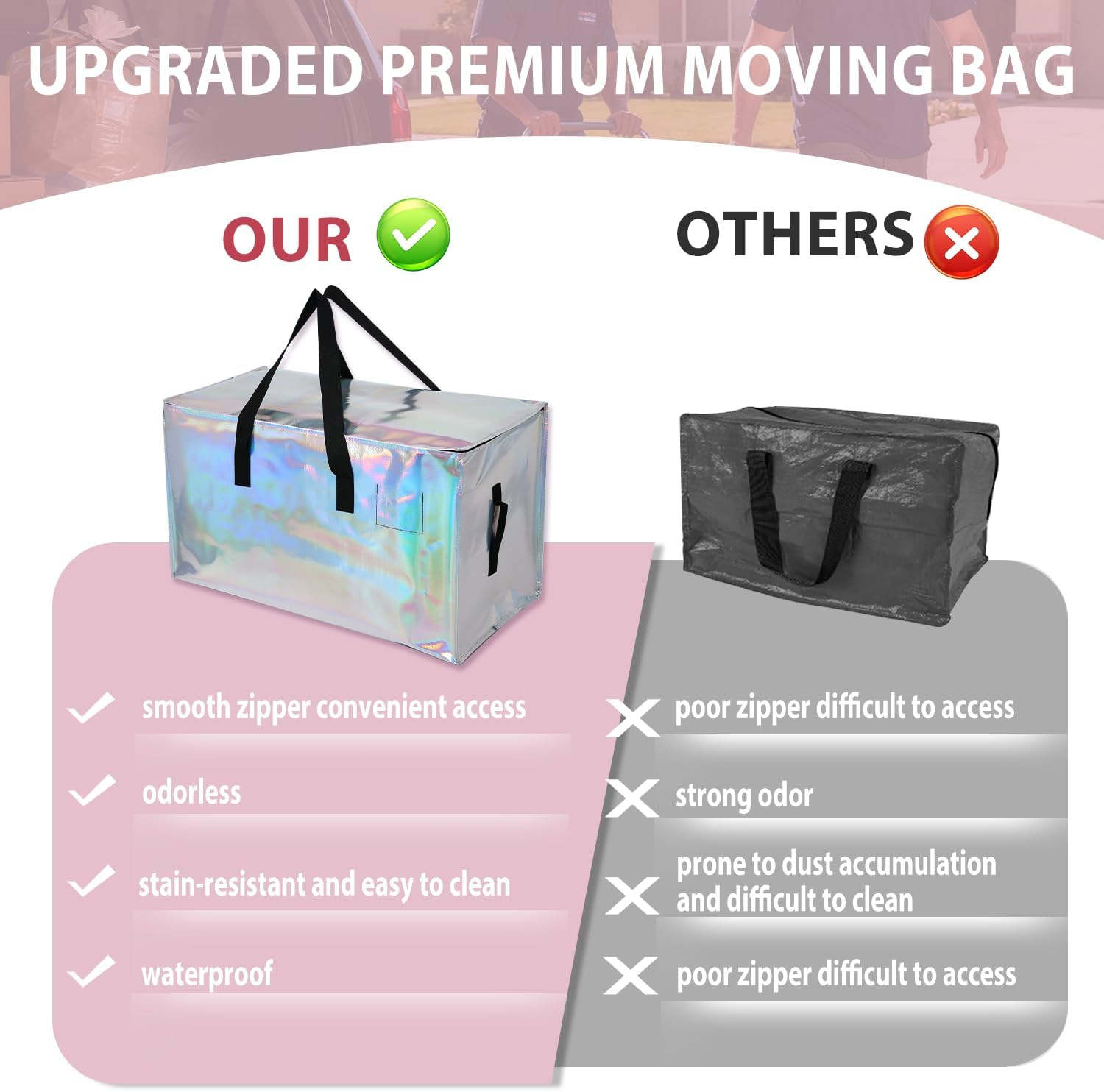 6 Pack Moving Bags Heavy Duty, Extra Large Moving Bags, Moving Supplies, Storage Bags with Handles and Zippers, Waterproof Totes for Storage Saving Packaging Shipping and Travel(Laser Silver) - Image 5