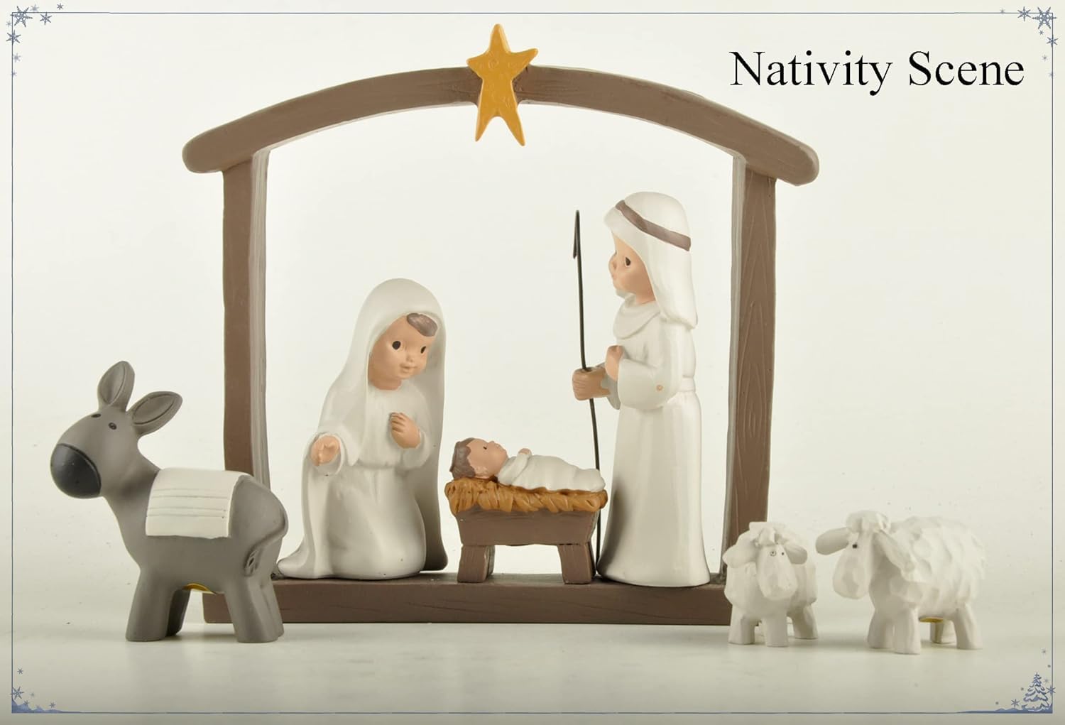 MeritMode Weihnachtskrippen-Set, 12-teilig Heilige Familie Figur handbemalt Mini Deko religiöse Weihnachtsfiguren Krippenfiguren Krippenfiguren inkl. Jesuskind, Maria und Josef, Kunstharz, cremeweiß