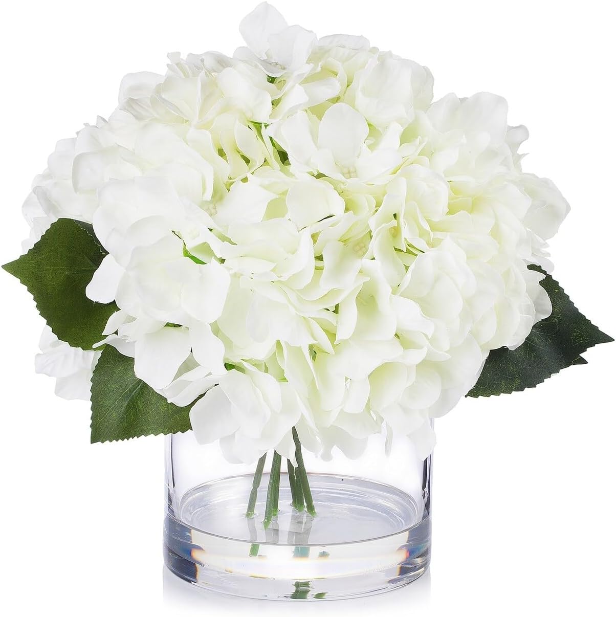 Enova Floral Artificial Flowers Large Silk Hydrangea Fake Flowers Arrangement in Cylinder Glass Vase with Faux Water for Home Office Wedding Decoration (Cream)