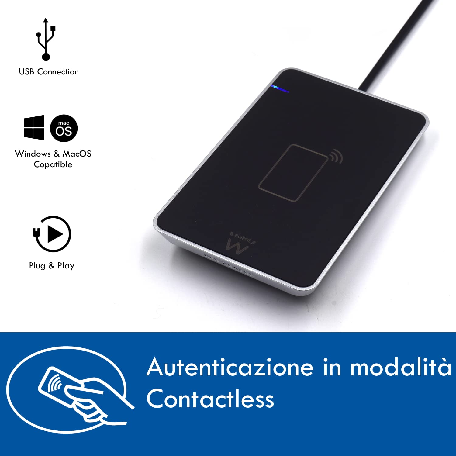 Ewent EW1053 RFID- und NFC Leser für Elektronikausweis CIE 3.0 für den Zugriff auf ANPR, INPS, INAIL, Einnahmen und Standorte der P.A. - Farbe Schwarz
