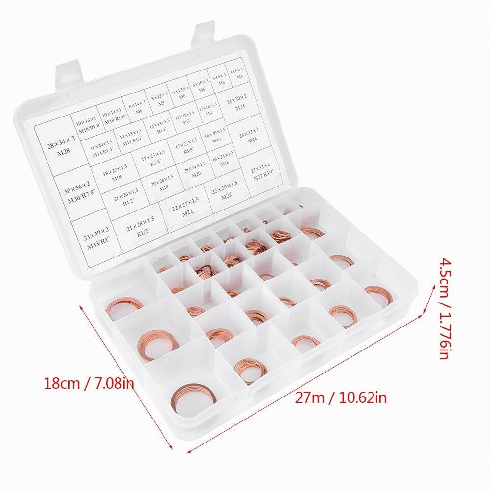 Akozon 568PCS Arandelas Planas de Cobre 30 Tamaños Arandelas de anillo Sellado Conjunto