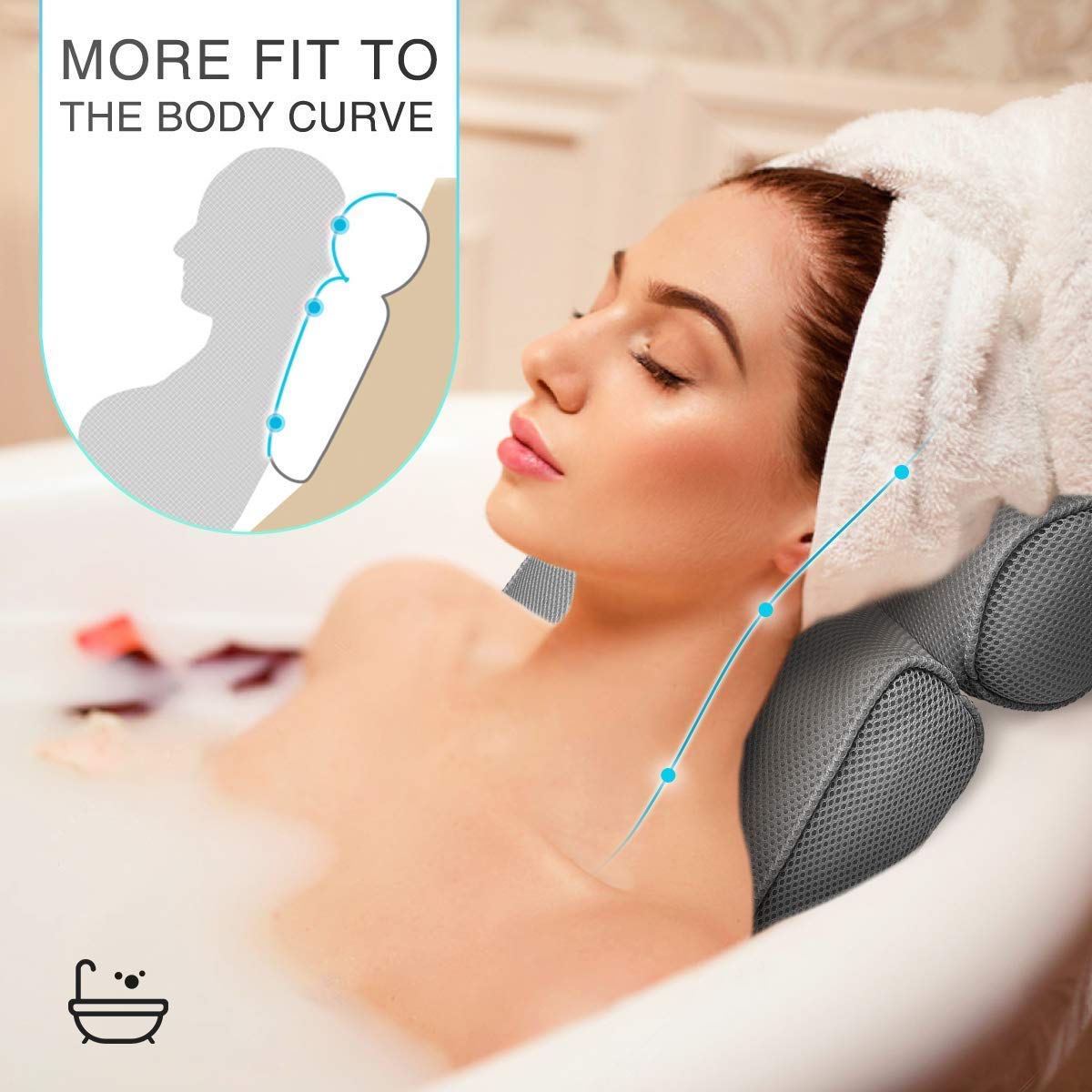 Essort Bathtub Pillow, Large Spa 3D Air Mesh Gray Bath Pillow, Luxury Comfortable Soft Bath Cushion Headrest, for Head Neck Shoulder Support Backrest, Fits Any Size of Tubs