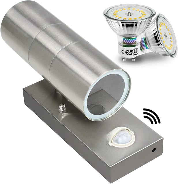 Allesgute Outdoor LED Wall Light PIR Motion Sensor IP44 240V Up Down Wall Sconce Lamp Stainless Steel with 2X 5W GU10 Bulbs Cool White