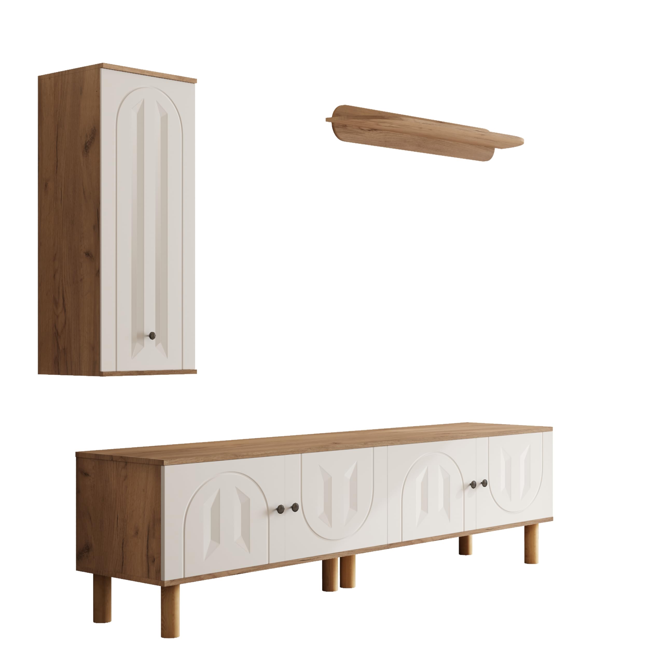 3 piezas, pared de salón, lo mejor de: Highboard, armarios, tablero de pared. Paneles de puerta tallados blancos y de madera.