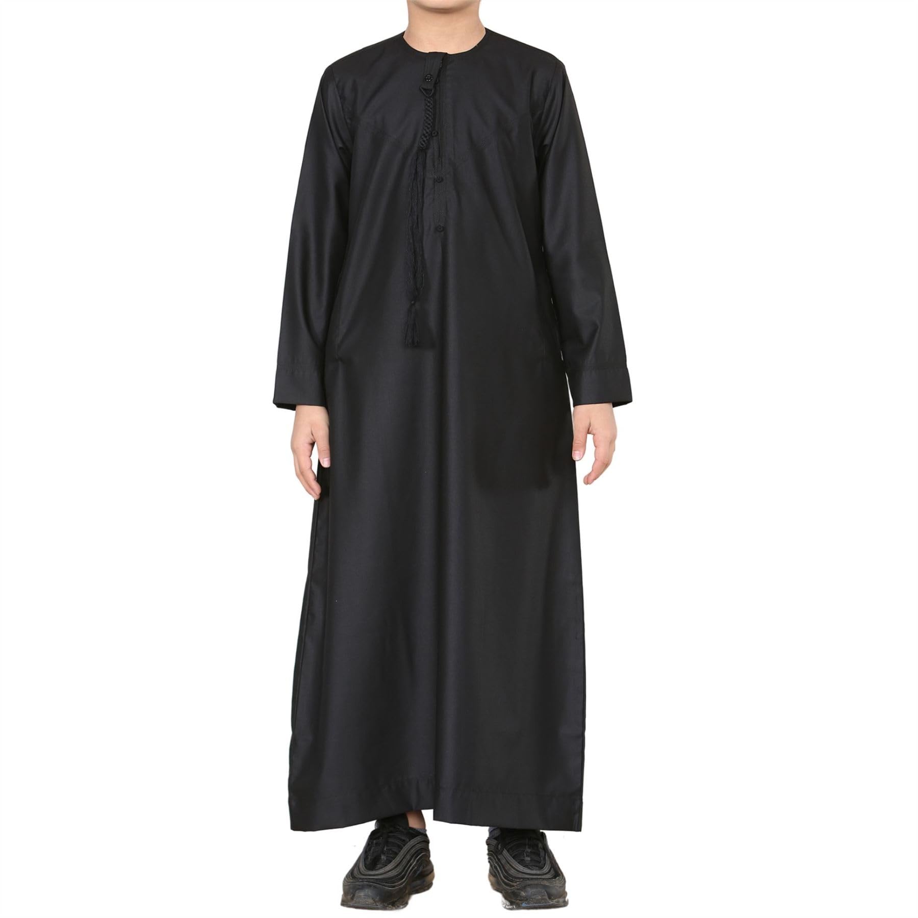 Boy's Thobe Emirati Omani Jubba Islamic Clothing Muslim Kaftan Eid Robe String Tassel - Black 32