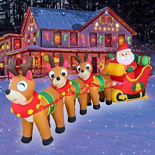 JOYEASE 9.5 FT Christmas Inflatables Santa Claus on Sleigh with 3