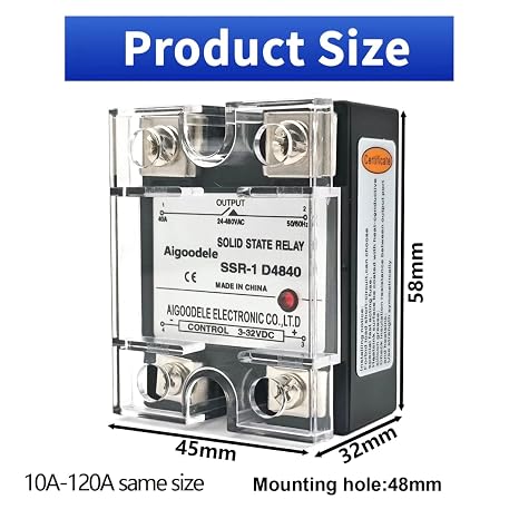 SSR Relay D4810 Solid State Relay SSR-10DA (Only Module) DC to AC Input 3-32VDC to Output 24-480VAC 10A Single Phase Plastic Cover