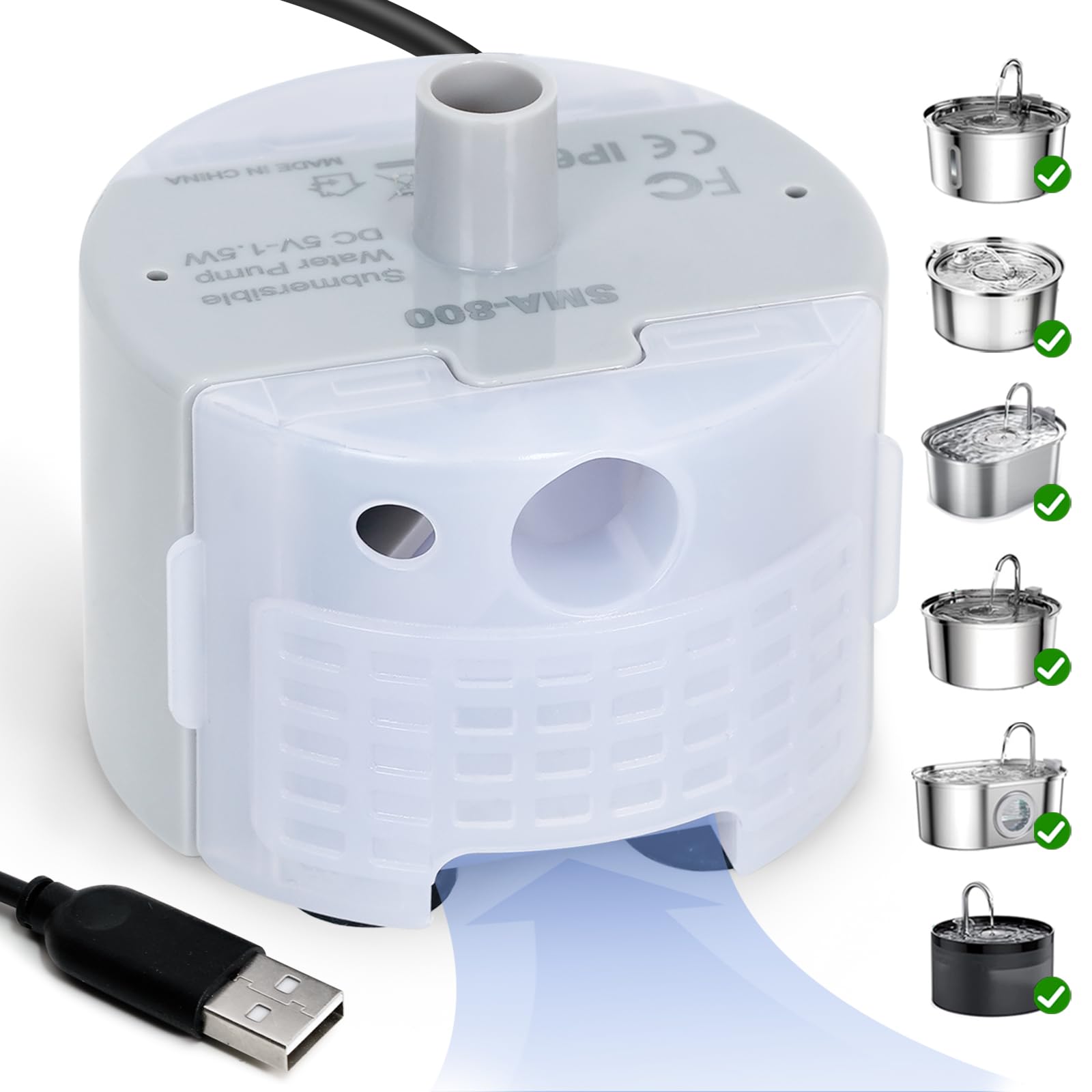 Ultra-Quiet Replacement Pump for Stainless Steel Cat Water Fountains - SMA-800 Motor - Safe and Easy to Clean with Low Voltage DC 5V and USB Cable