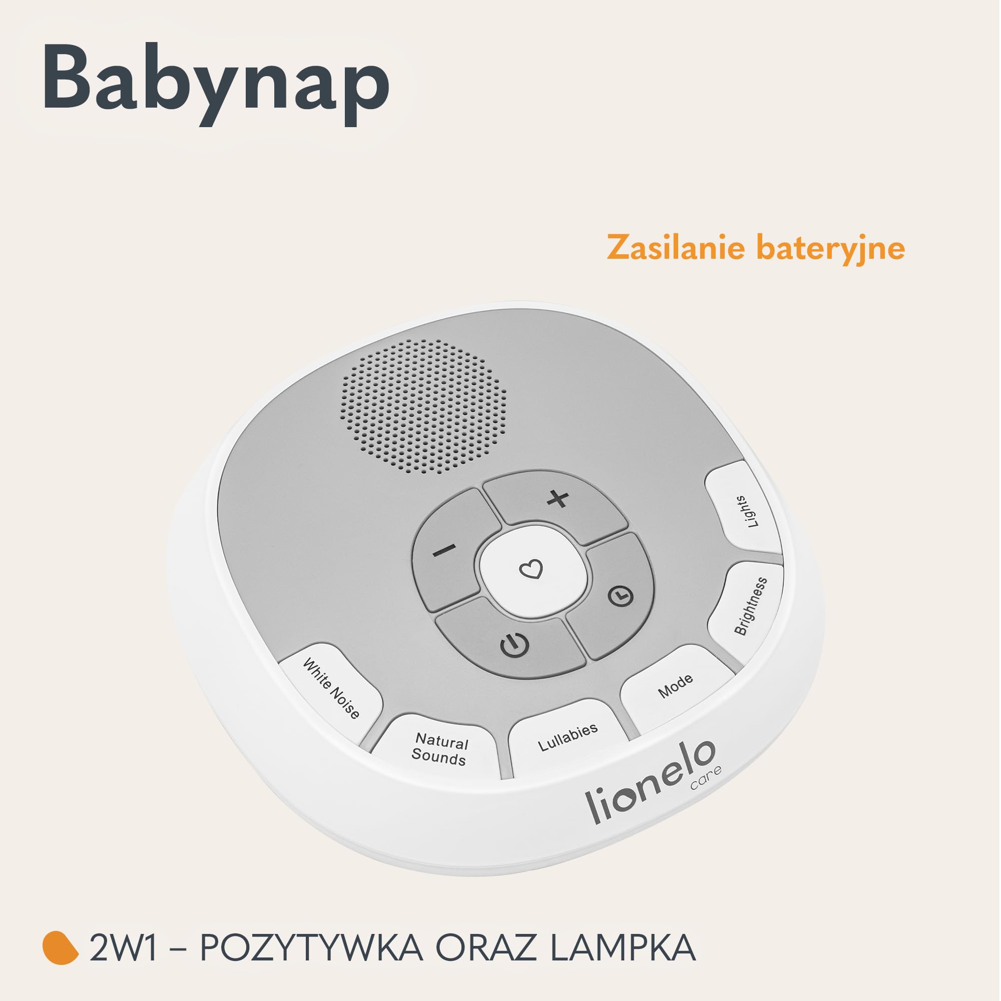 LIONELO BabyNap Przenośna Pozytywka do Usypiania Niemowląt 2 w 1 Lampka Nocna z 11 Kolorami Światła, 20 Dźwięków Kołysanki Szumy, Timer, Nagrywanie Bicia Serca Mamy Love Beat
