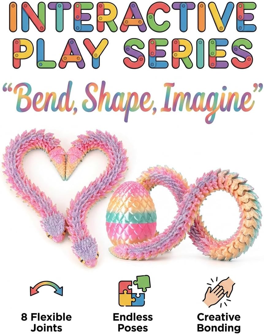 3D Printed Snake Egg for Kids Teens – Hatch a Poseable Serpent, Reusable Treasure Chest, Fidget Toy & Desk Decor – Perfect for Mother's Day, Children's Day, Birthday Gifts (Rainbow)