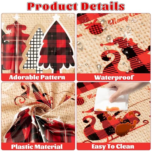 Image of Christmas Plastic Table Cover - 3 Pack Merry Christmas Buffalo Plaid Disposable Waterproof Plastic Rectangle Xmas Table Cloth Winter Holiday Party Picnic Decoration Supplies Indoor Outdoor