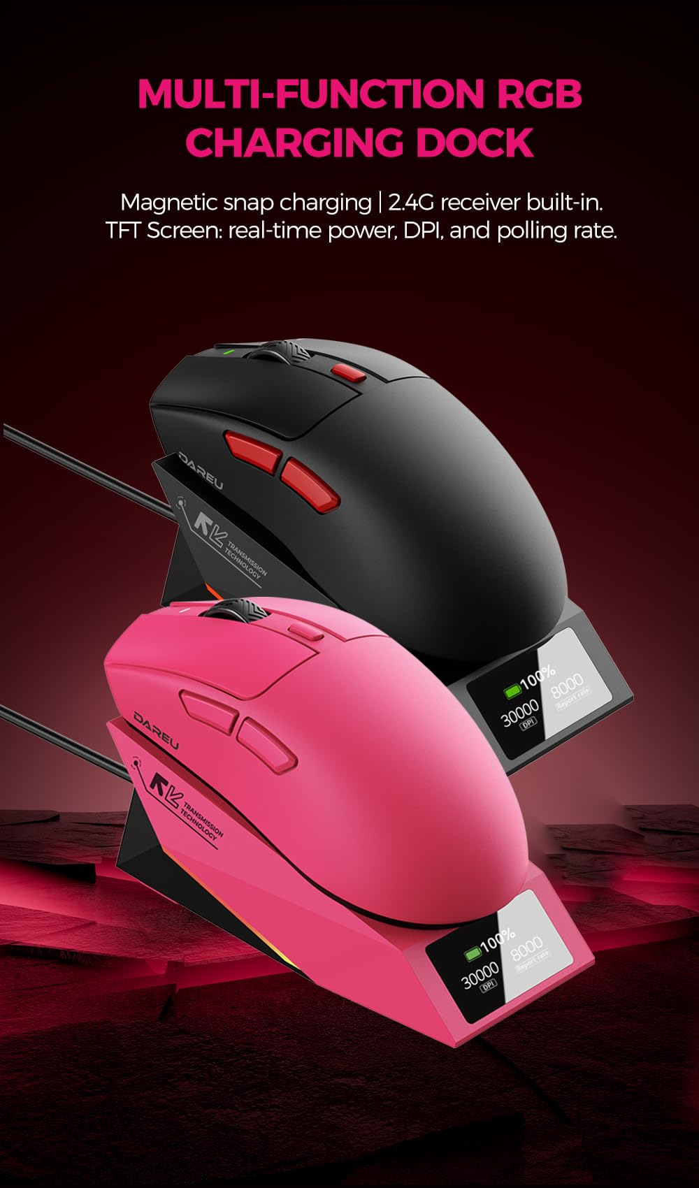 DAREU AE6 Pro Bezprzewodowa mysz do gier, czujnik PAW3950 30K, podwójna częstotliwość odświeżania 8K, 59 g, stacja ładująca z wyświetlaczem, powłoka ekscymerowa, 3 tryby połączenia, programowalna