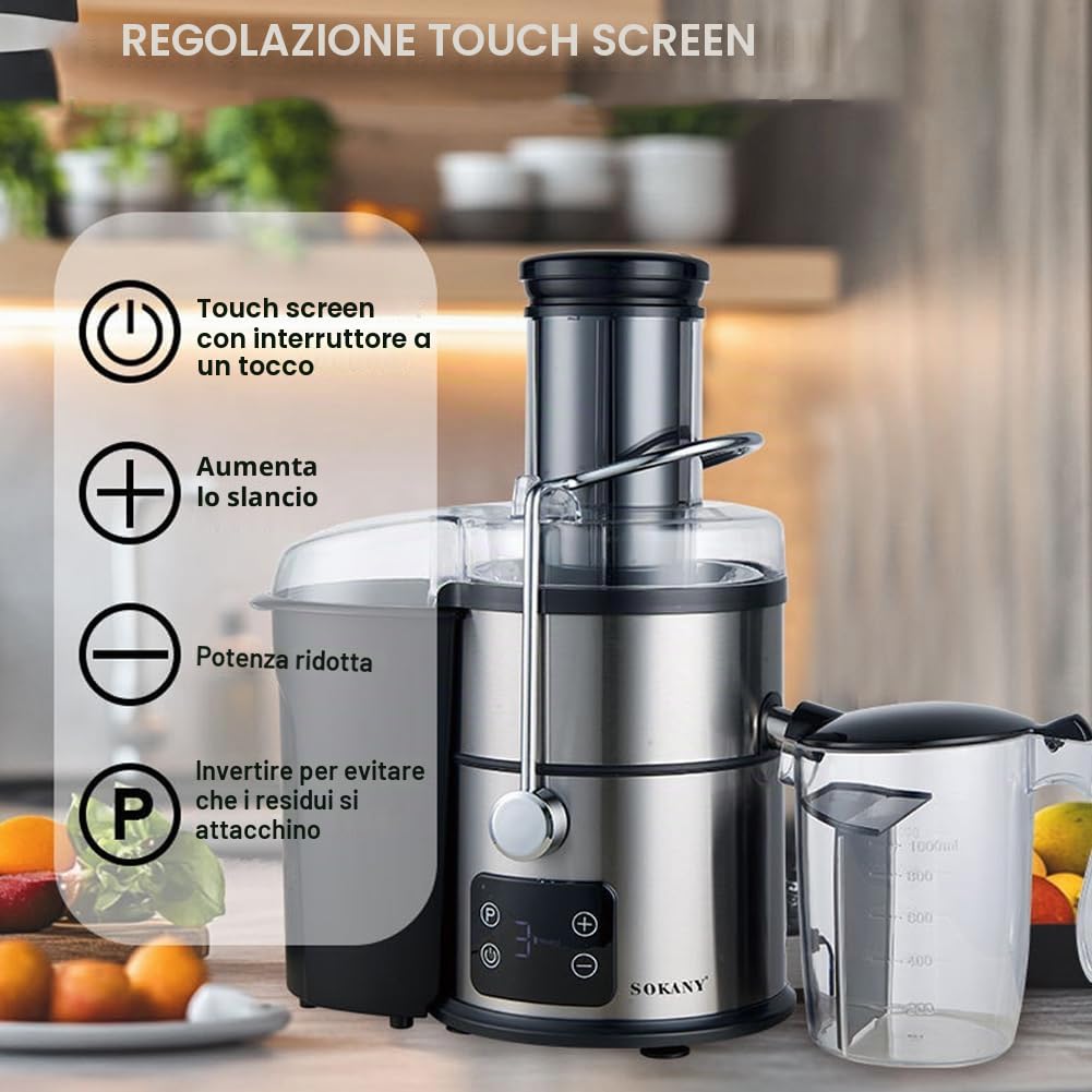 SOKANY Estrattore di succo centrifugo 1200W Centrifuga Frutta e Legumi Touch Screen LCD Juicer Rapida con Efficienza di Succo Ottimizzata, Acciaio Inossidabile, 2 Velocità, 85 mm Bocca larga SK-03014