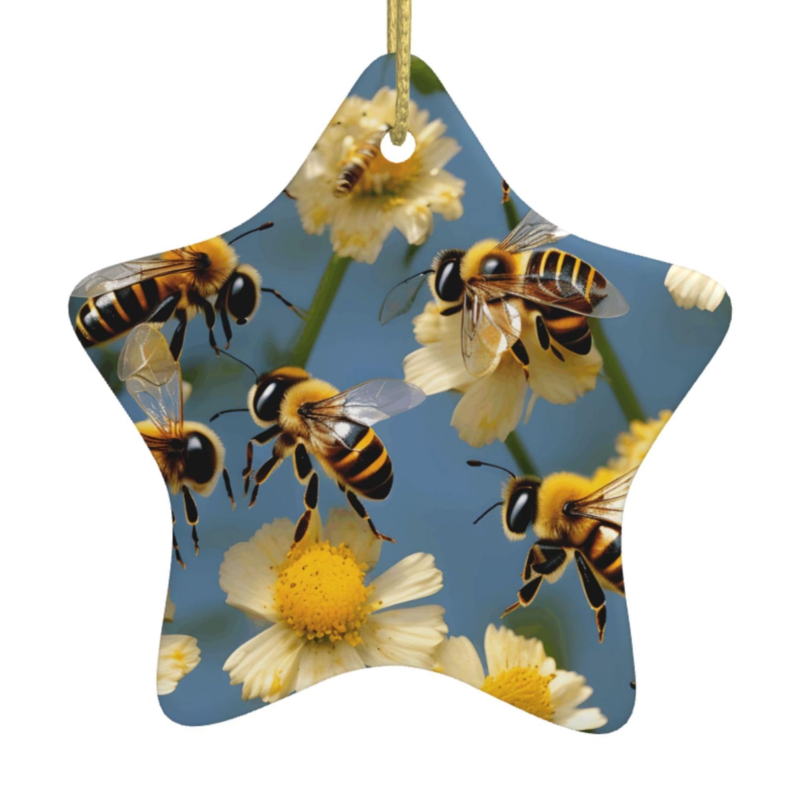 Honey Bees Flowers Print Christmas Ornaments, Ceramic Hanging Ornament, Round Shape Decorations