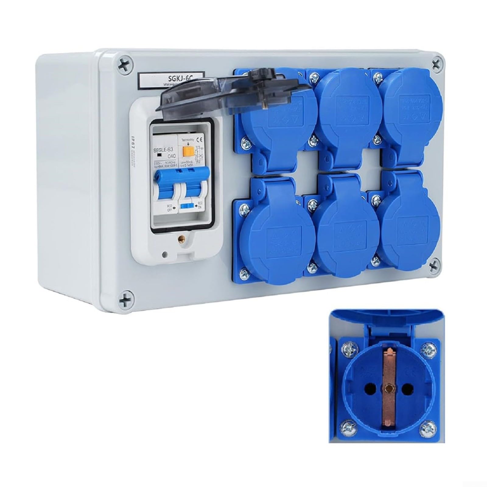 Distributore da parete IP54, a 6 scomparti, con interruttore FI 1P+N, 250 V/16 A, alloggiamento in ABS, impermeabile, antipolvere, per officina, garage, edilizia, esterni, grigio blu