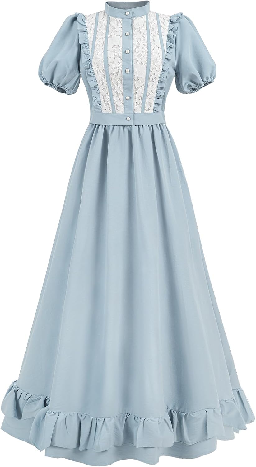 CR ROLECOS 1800s Victorian Dress for Women Short Sleeve Edwardian Dresses Blue 2-piece Ruffled Renaissance Costume