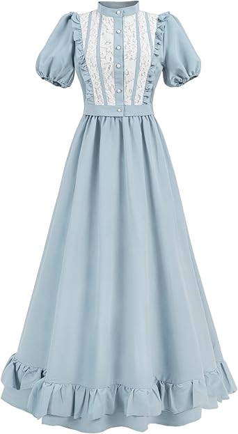 CR ROLECOS 1800s Victorian Dress for Women Short Sleeve Edwardian Dresses Blue 2-piece Ruffled Renaissance Costume
