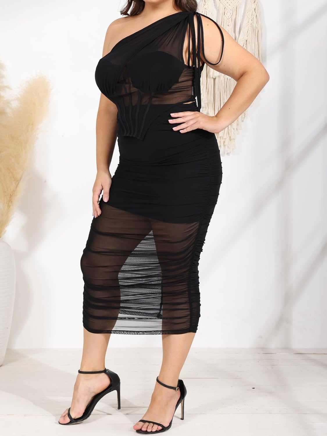 2 Piece Dress Sets for Women Mesh Patchwork Corset High Waist Bodycon Ruched Long Set Club Night Out Dresses - Image 5