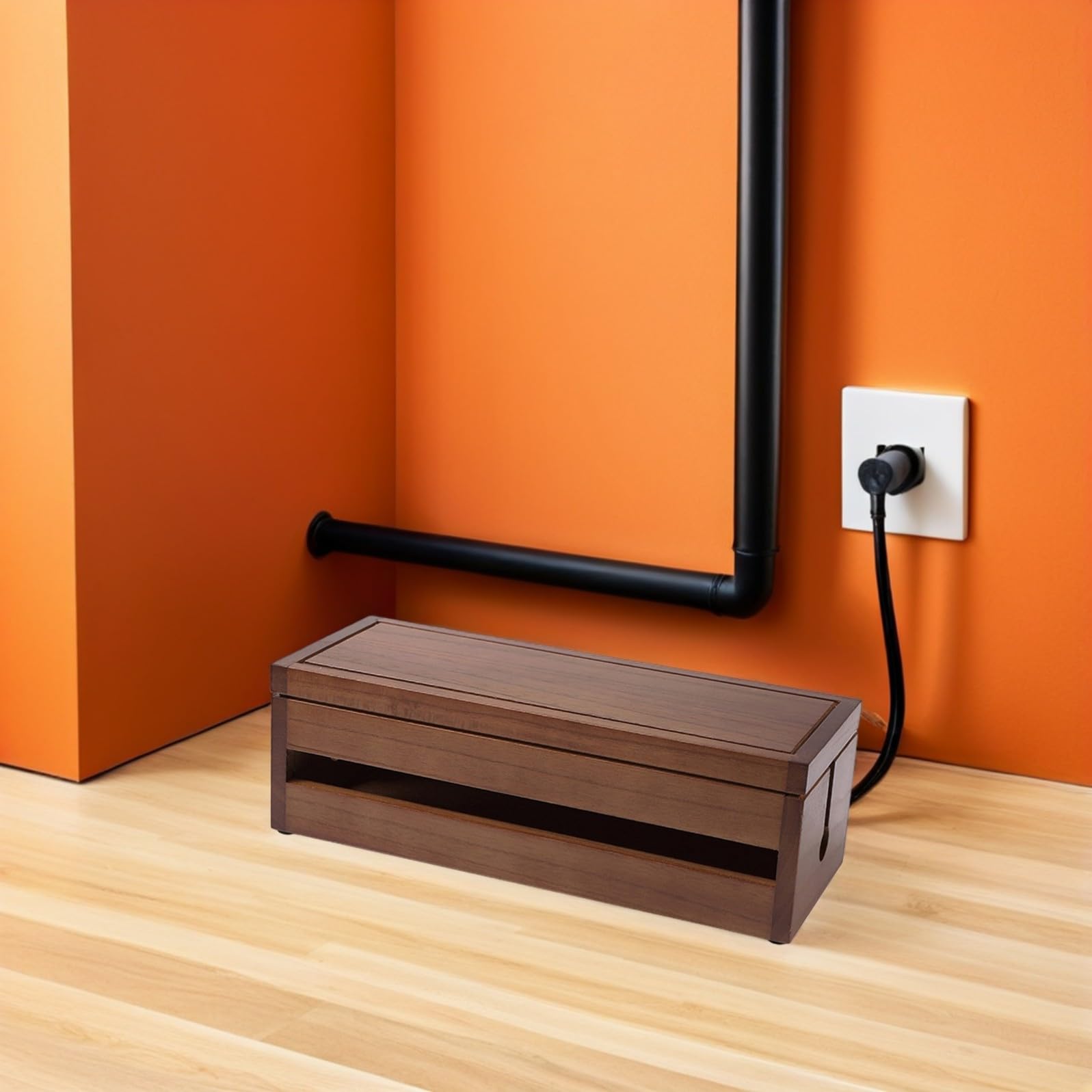 Organizador de Enchufes y Cables de Madera de Paulownia Diseño Multifuncional y Ventilación para Almacenamiento y Protección de Cables Hogar