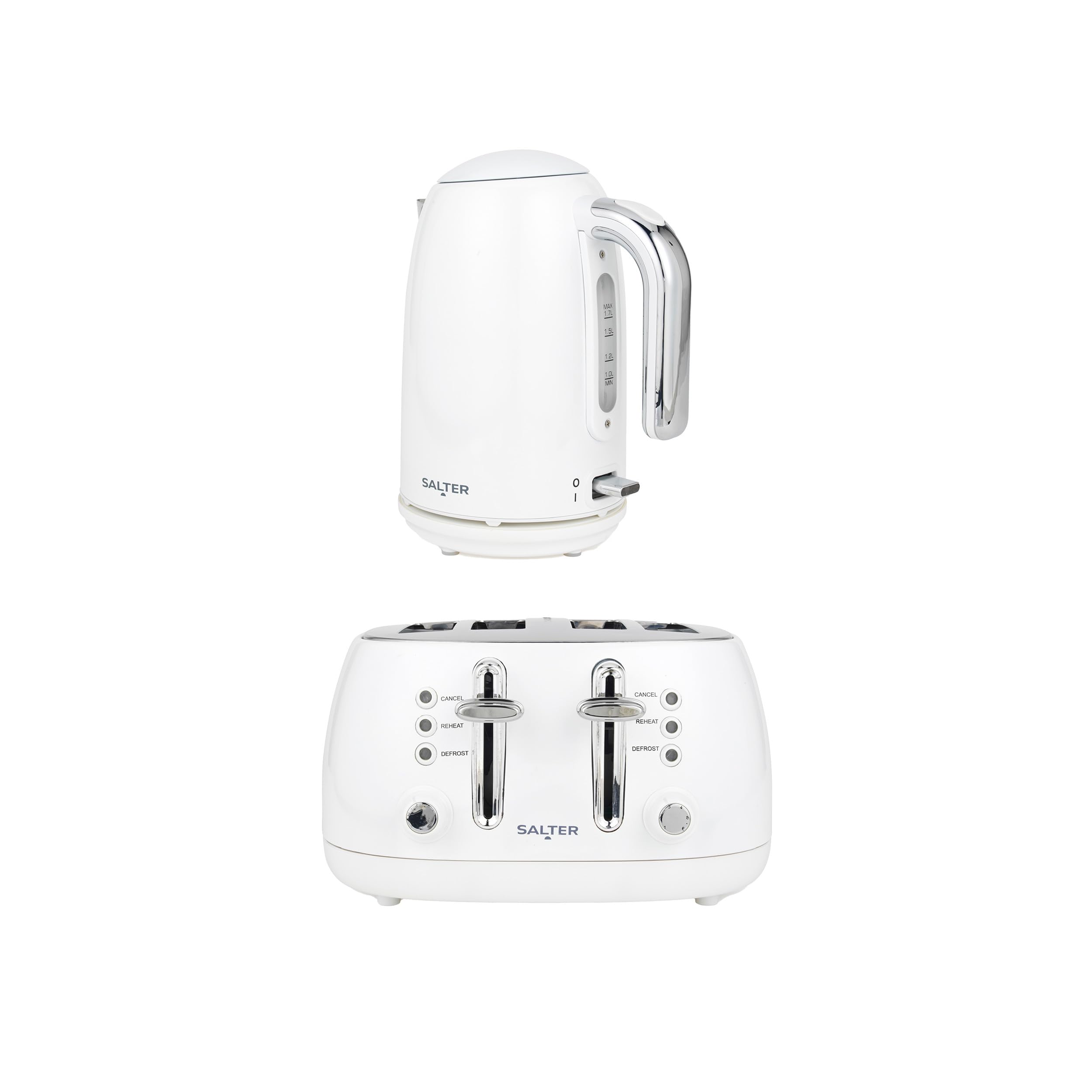 Salter Boston Kettle & Toaster Set – 1.7L Fast Boil Kettle, Limescale Filter, 4-Slice Wide Slot Toaster, Toast Thick Bread, High Lift Eject, Blue Indicator Lights, 3kW/1960W, Ice White Shimmer Finish — image 1