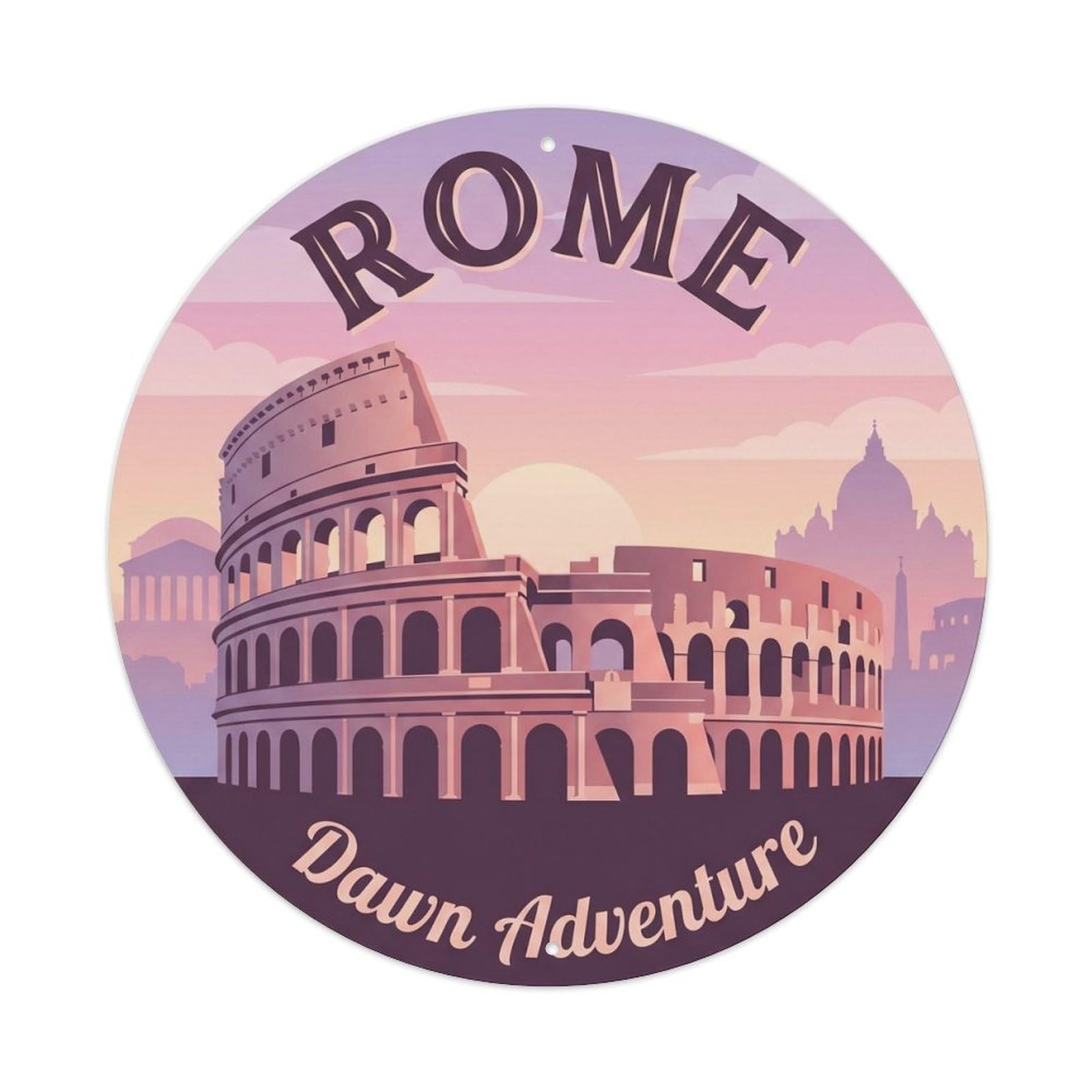 Colosseum Italian Tourism Dawn Heritage Scenic Landmark Metal Tin Sign Plaque Wall Decor for Cafe, Man Cave, Club Bar, Office, Home Garden Round Metal Poster 8x8Inch