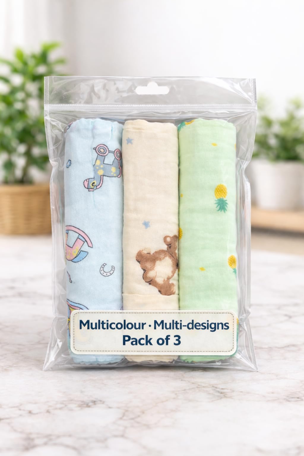 KIDS BASIC Soft Cotton Muslin Hankies for Babies Multicolour & Prints Daily Use Face Cloth - (Pack of 3)-image-30