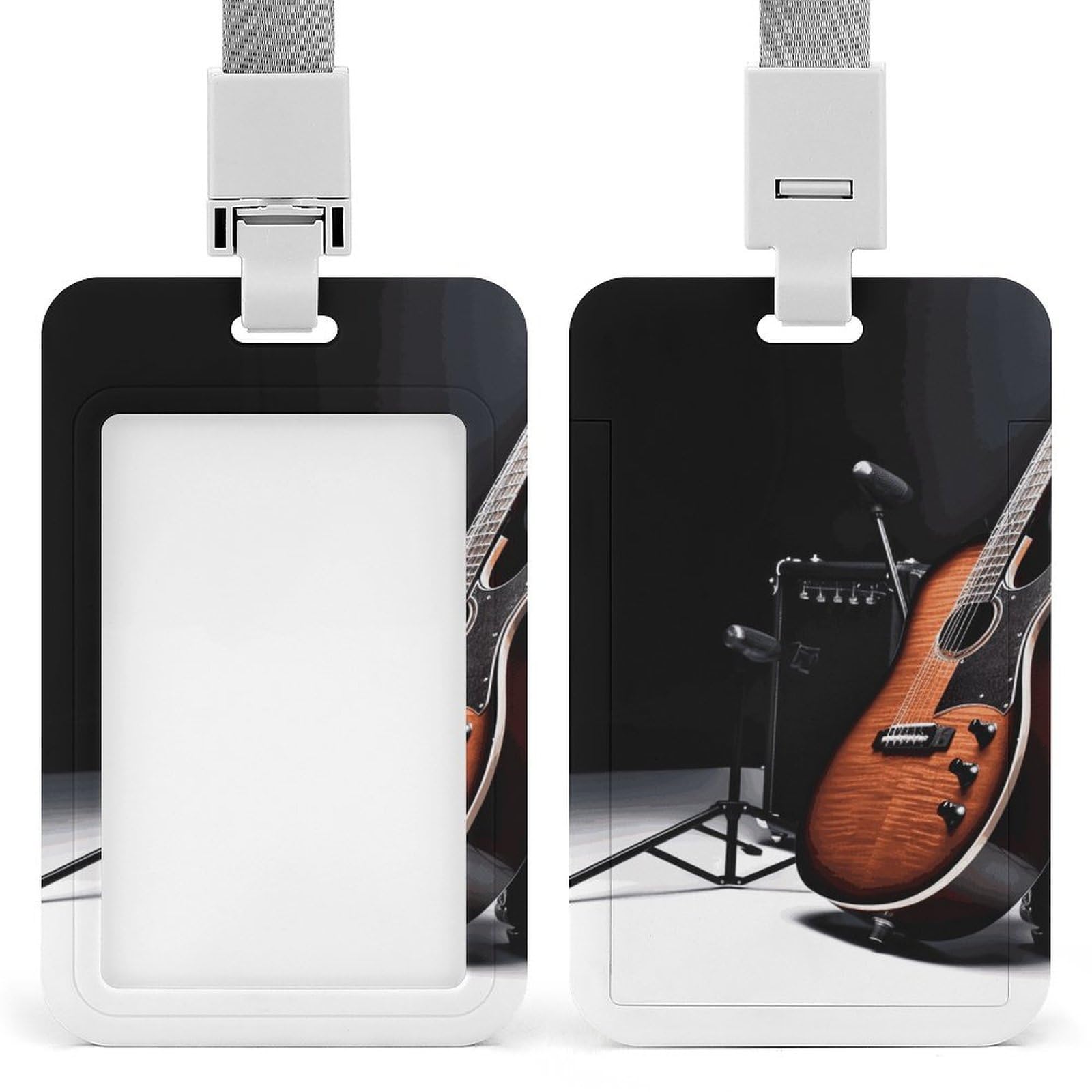 ID Card Holders for Lanyard,Musical Instrument Guitar Printed Badge Holder with Clear Window,Plastic Vertical Bus Pass Holders for Work Teacher Nurse Employees Proximity Key Cards Women Men — image 1