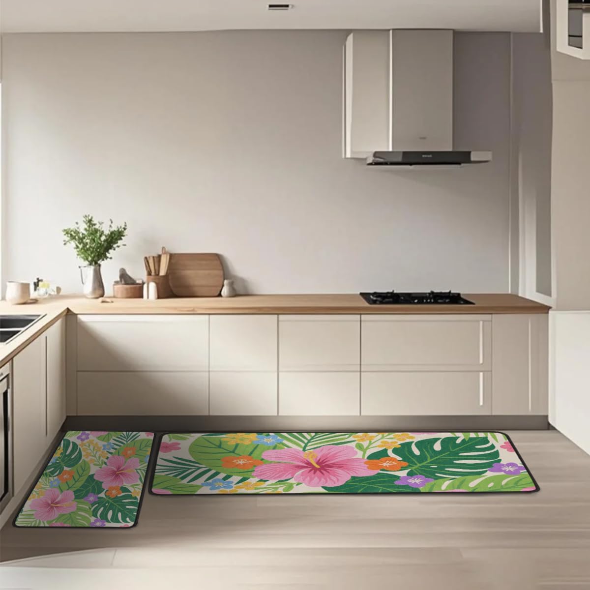 Anti Fatigue Tropical Flower Print Kitchen Mats for Floor 2 Piece Set, Waterproof Non Slip Boho Kitchen Floor Rugs, Comfort Standing Mat for Sink Laundry & Home Kitchen 17"x47"+17"x29"
