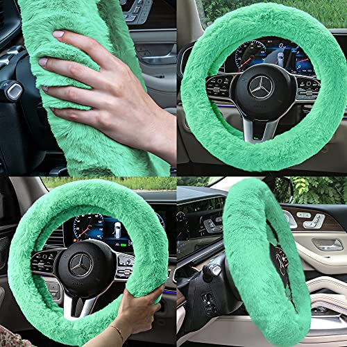 Image of FH Group Universal Fit Doe16 Faux Rabbit Fur Cozy Steering Wheel Cover fits Most Cars, SUVs, Trucks, and Vans, Ultimate Protection Mint