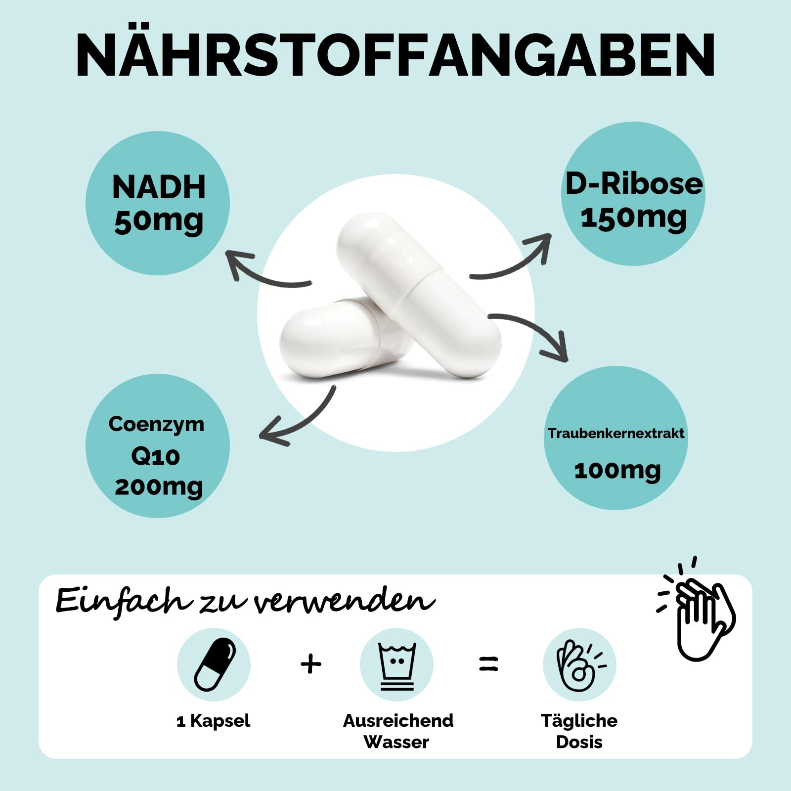 NADH 50 mg, Formule Avancée avec CoQ10, Végétalien, Haute Résistance, Améliore l'énergie Cellulaire, Production d'ATP, 60 Capsules (1 unité)