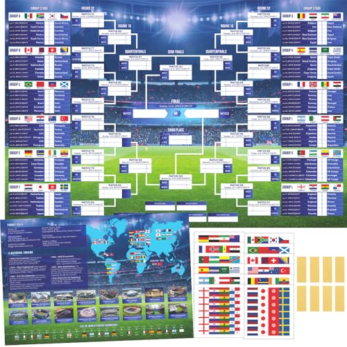 World Soccer Cup 2026 Match Schedule & World Soccer Championship Tournament Wall Chart Bracket Poster Fan Gift Decorations 2Pcs 36 x 24 18 x 12 & 288 Pcs National Flag Stickers For Champion Prediction