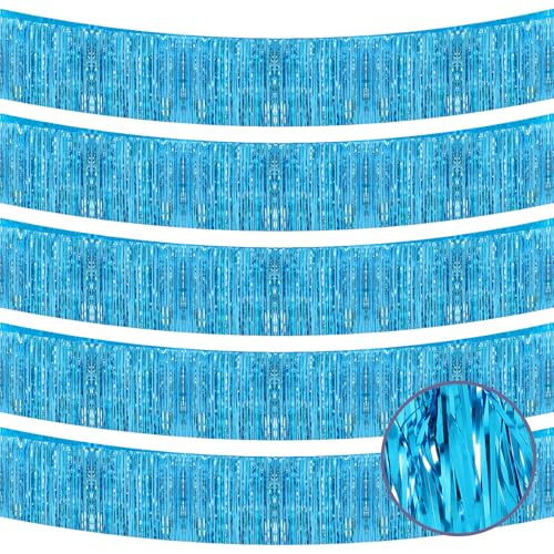 Image of 5 Pack 10 Feet Blue Fringe Garland Foil Fringe Garland Teal Blue Parade Float Fringe Metallic Streamers Tinsel Fringe Banner for Birthday Party Decor Halloween Christmas Decoration (Teal Blue)