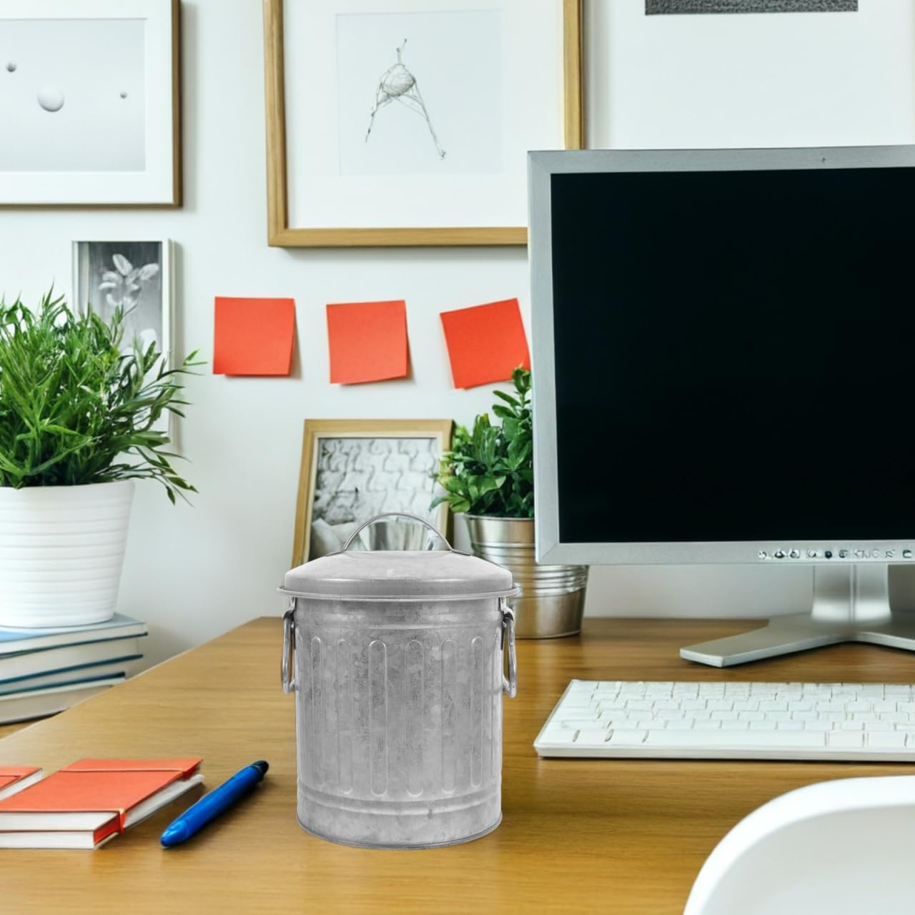 SEWACC Mini Galvanized Trash Can Small Trash Can with Lid Table Top Metal Rubbish Bin Wastepaper Basket Flower Pot Pen Holder Kitchen Compost Bin Ash Bucket