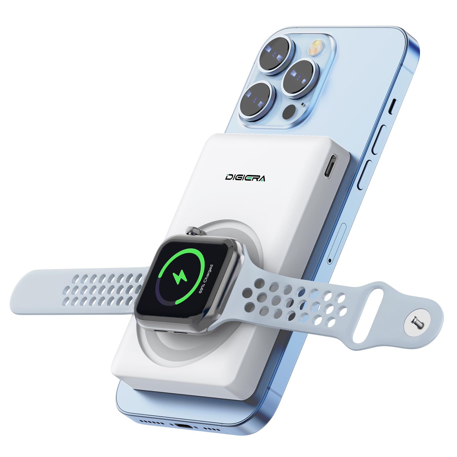 DIGIERA Dual Magnetic Power Bank, 5000 mAh magnetisches tragbares Ladegerät, DGPB301 PD 15 W kabelloses und kabelgebundenes Schnellladegerät mit USB-C, kompatibel mit iPhone 17/16/15/14/13/12, Weiß