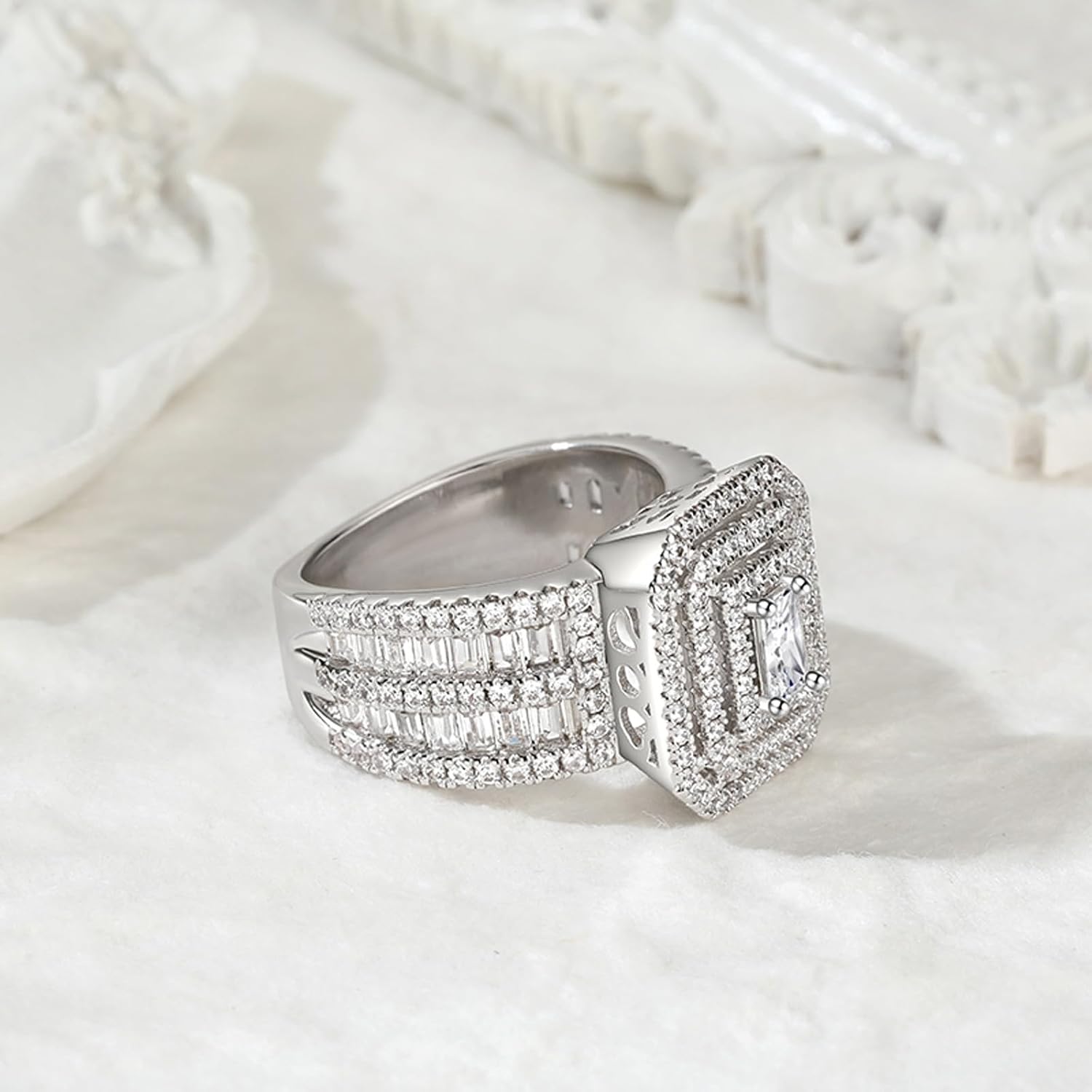 Jeulia Vintage Radiant Cut Engagement Ring for Women;925 Sterling Silver Multi Level Halo Diamond Wedding Ring Band CZ Anniversary Promise Rings for Her with Jewelry Gift Box