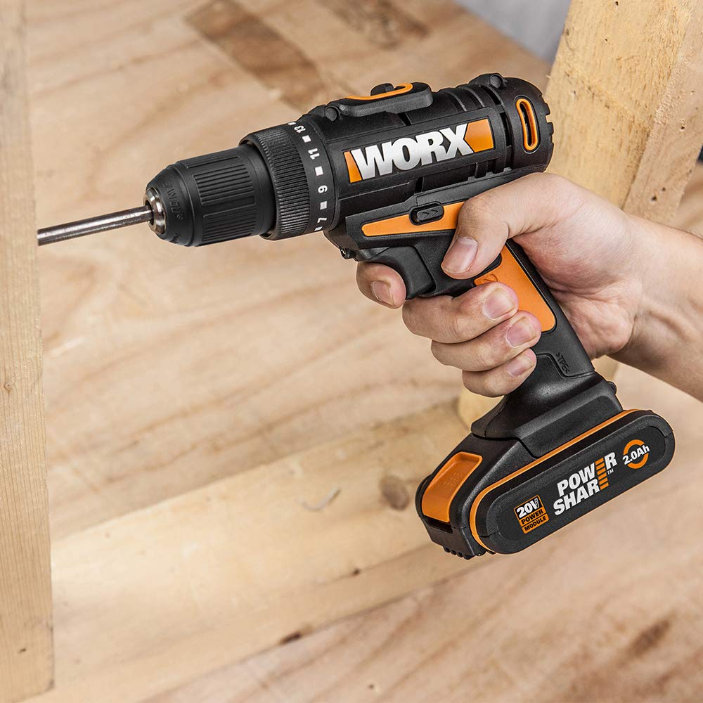 Worx WX977 wiertarko-wkrętarka akumulatorowa lampa elastyczna 20 V ze skrzynką narzędziową, 35 śrubokrętów i wiertarek. 2 akumulatory
