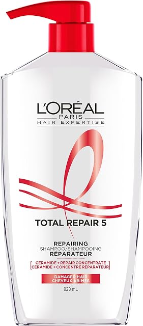 Shampoing L’Oréal Paris Hair Expertise Total Repair 5 pour cheveux secs et abîmés, avec technologie Keratin XS pour réparer les pointes fourchues et restaurer la force, 828 ml (L'emballage peut varier)