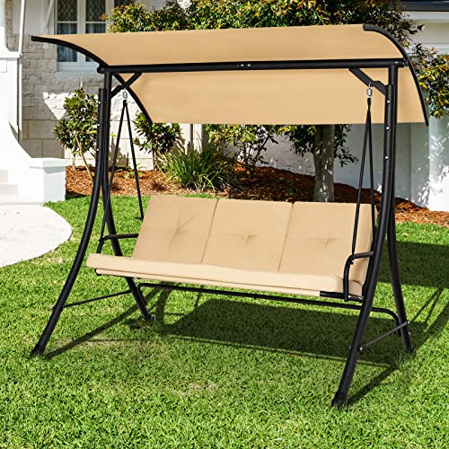Image of Tangkula 3 Person Porch Swing, Outdoor Swing with Removable Cushions, Solid Steel Structure, Patio Swing with Adjustable Canopy for Garden, Backyard, Balcony, Poolside Beige