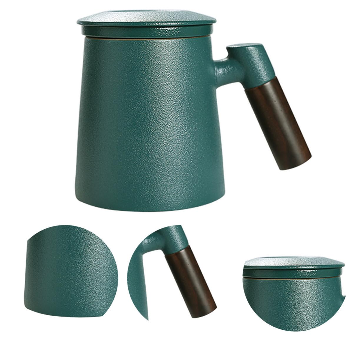 Taza de Té Infusor de Cerámica y Filtro, Capacidad 400ml, Diseño Mango de Madera, Adecuado para Oficina y Cafetería, Color Verde