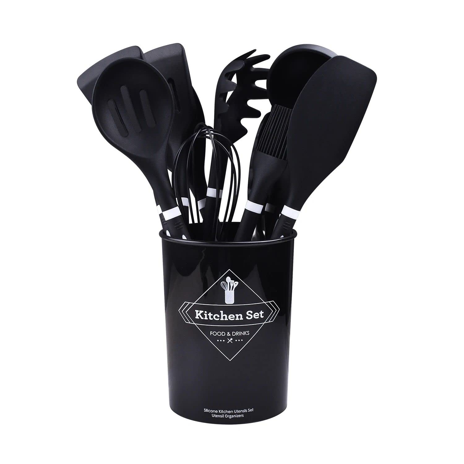 GenericOnline&Shop Silicone Cooking Utensil Set, 12 Pcs Kitchen Utensils Cooking Spatulas Nonstick Heat Resistant Silicone Kitchen Cookware Set, Wooden Handle Cooking Kitchen Gadgets with Bucket