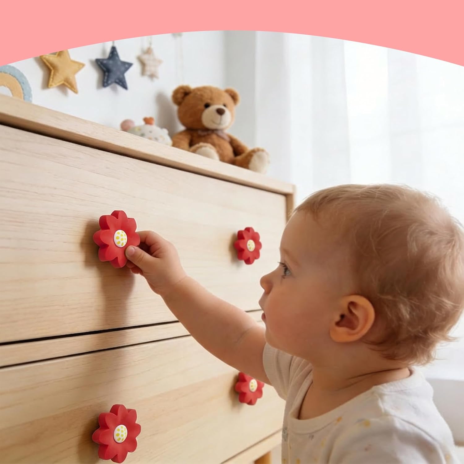 6 Pieces Cute Cartoon Shape Knobs for Furniture Soft Rubber Knobs for Kids Room Cabinet Drawer Dresser Closets Organizer Desk Box Bookcase(Flower,Red) image 2