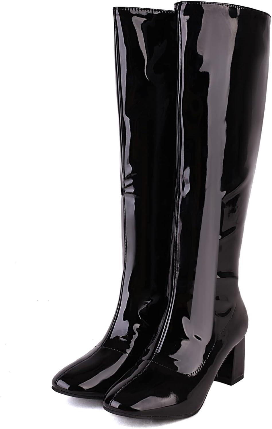 GoGo Boots Patent Round Toe Chunky Knee High Boots for Women Block Heel Side Zipper Dress Dance Shoes