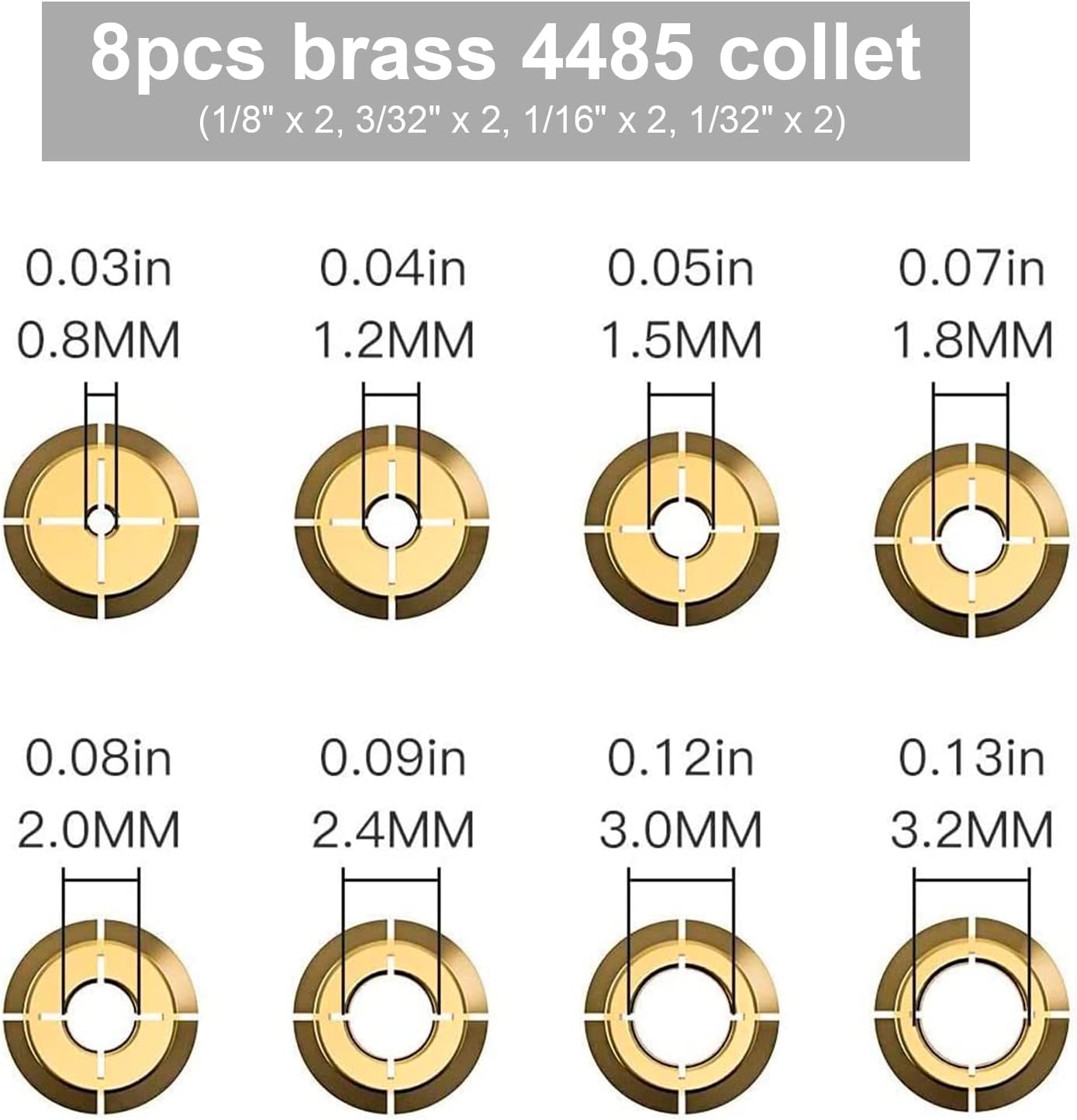 10 PCS Drill Chuck Collet Kit, Replacement 4485 Collet Set for Dremel, Brass Quick Change Rotary Drill Dremel Collet 1/8" x 2, 3/32" x 2, 1/16" x 2, 1/32" x 2