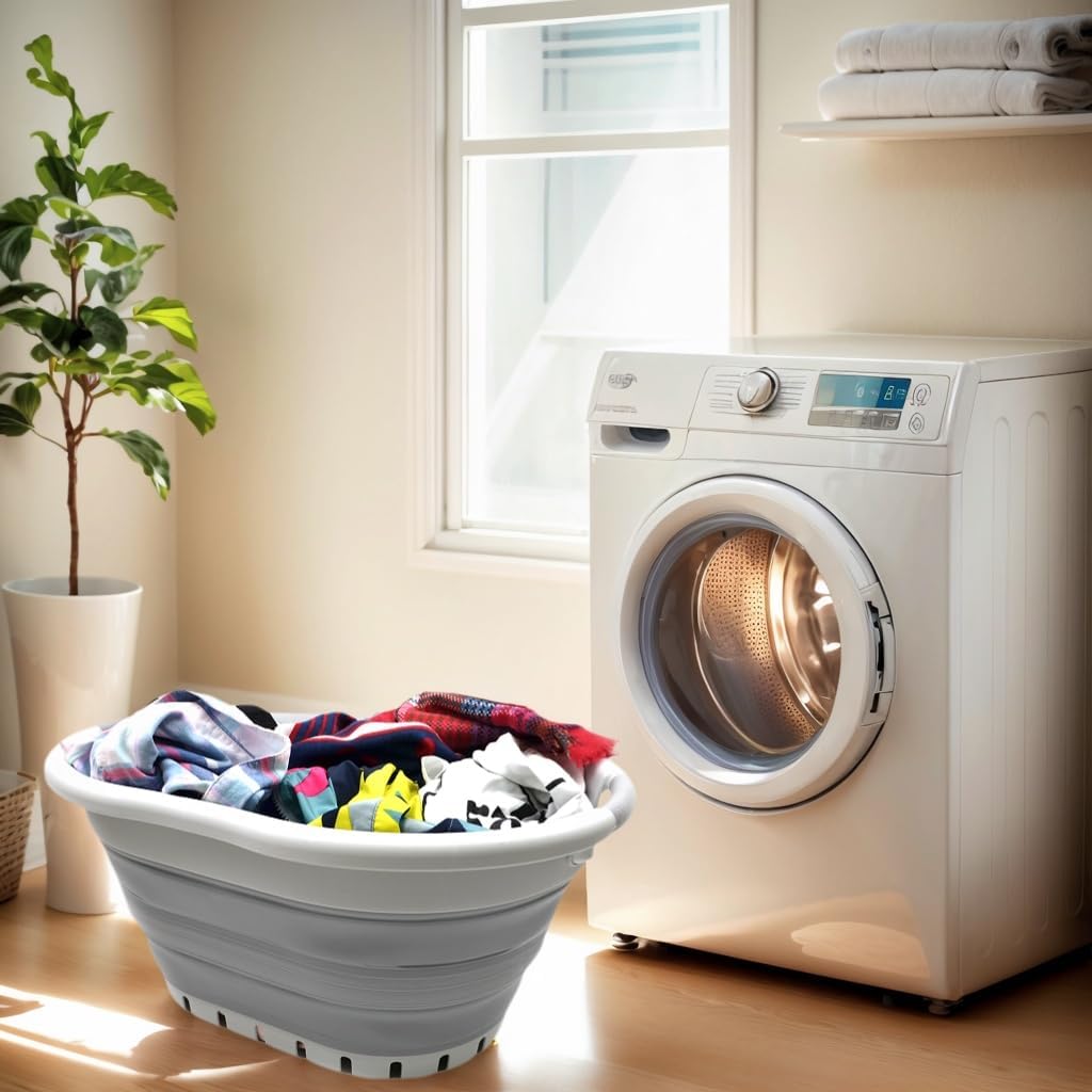 SAMMART 36L (9.5 gallon) Set of 2 Collapsible 3 Handled Plastic Laundry Basket-Foldable Pop Up Storage Container/Organizer-Space Saving Basket (2, Grey/Grey)