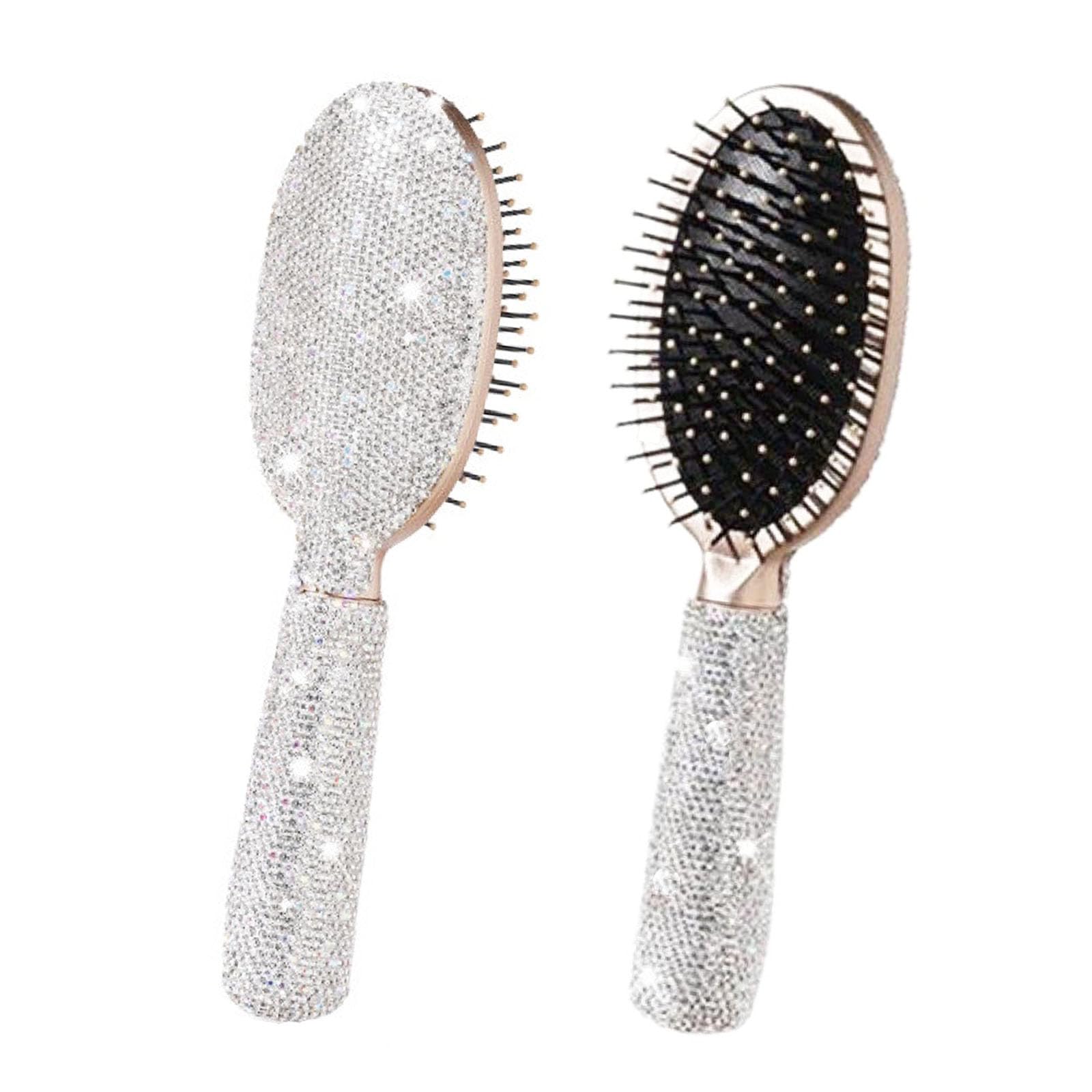 Photo 1 of 1 Pack Rhinestone Hair Brush Detangling Bling Detangle Massage Sparkle Compact Comb Crystal Air Cushion for Women Wet Dry (Silver-Round)